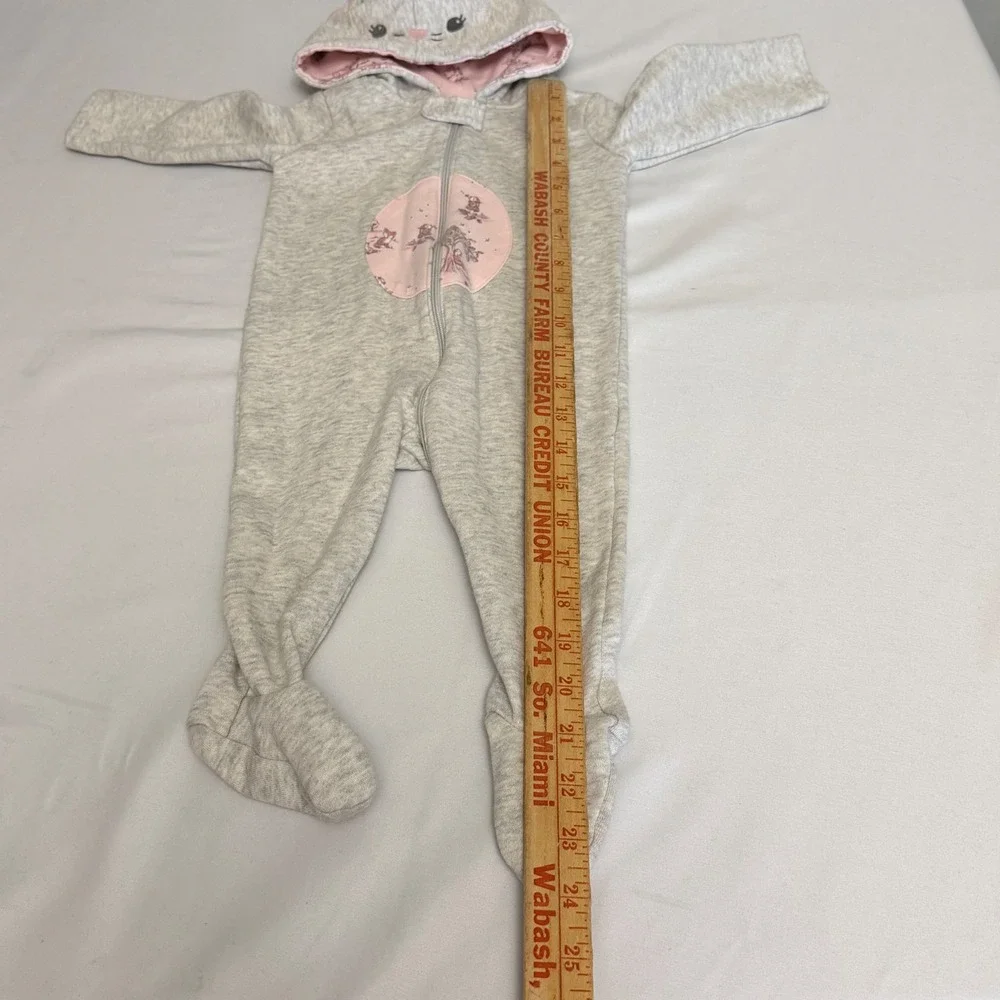 Gymboree Baby Girl Gray Pink Cat Hooded Footie Romper 6-9 Months Woodland Fleece